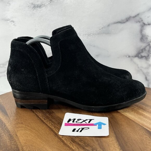Sorel lolla cut out black suede ankle bootie heeled boots women's size 9.5 - Picture 3 of 9